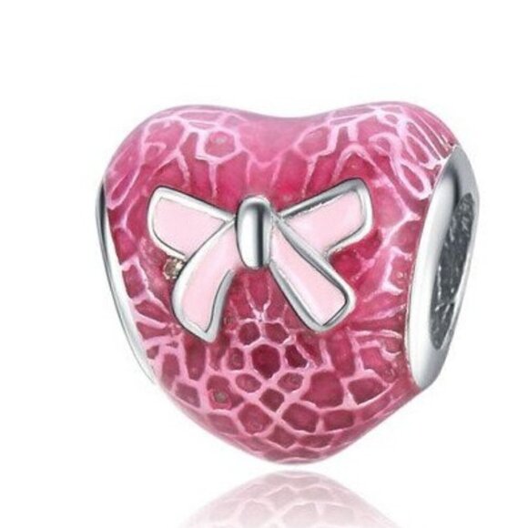 Sterling Silver Rose Enamel Heart with Pink Bow Charm - Picture 1 of 1